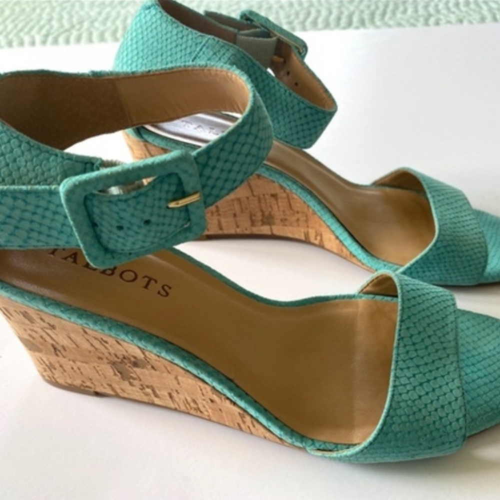 Talbots Aqua Suede Ankle Strap Wedge Sandals